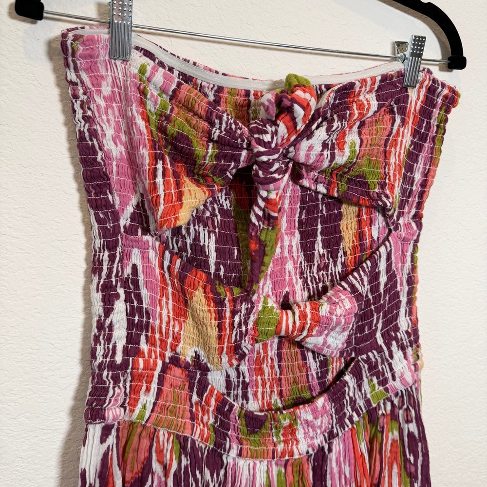 Anthropologie Pink Purple Ikat Smocked Strapless Cutout Mini Dress Womens Medium - Picture 2 of 5